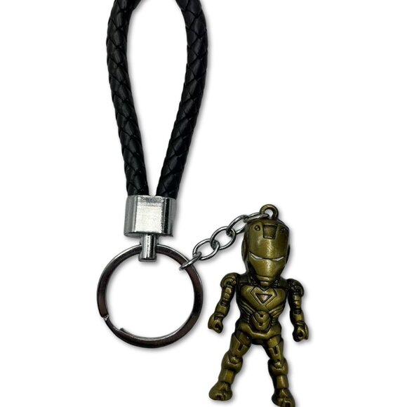 Iron Man Character Keychain with Braided Leather Cord, Bronze Metallic Figure - Picture 4 of 4